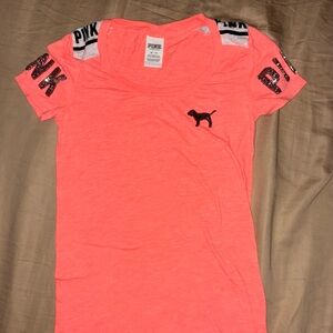 PINK Victoria's Secret Coral Tee with Sparkle Logo Sleeves